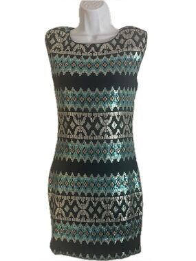 As U Wish Blue Dress with Teal and Silver Sequin Stripes
